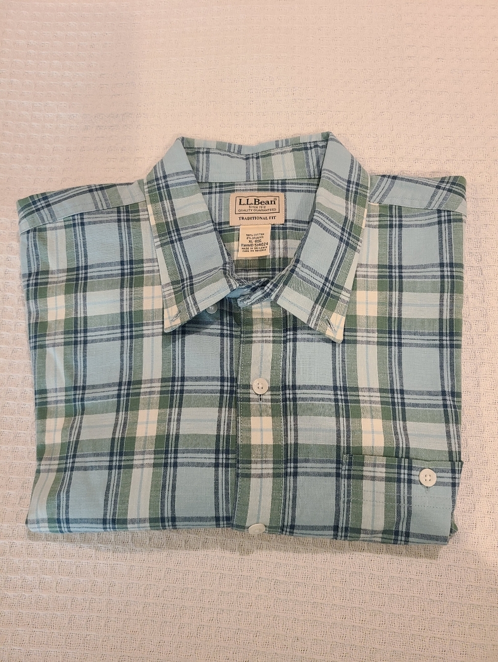 L.L. Bean Men's Light Blue and Green Plaid Button-Down Shirt